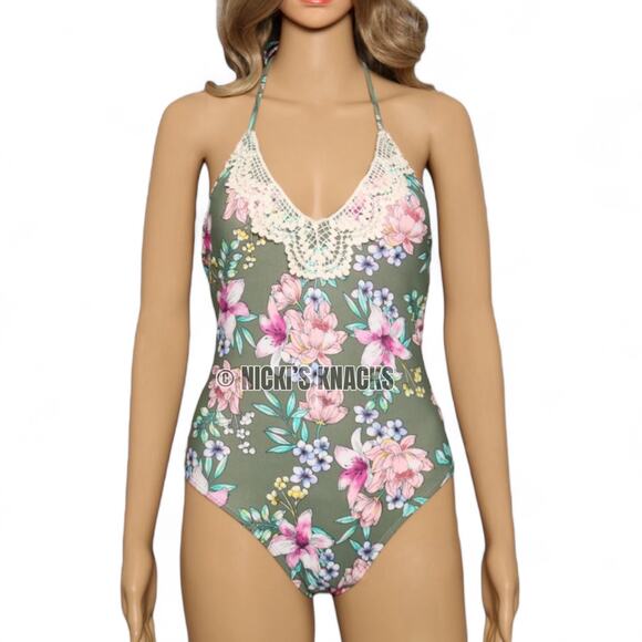 Hula Honey Tropic Romance Crochet One Piece Swimsuit Floral Halter Tie Size S - Picture 3 of 13